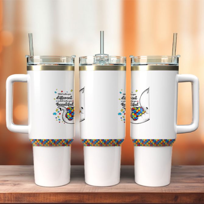 Autism Awareness Elephant Wreath Custom Stanley Quencher 40Oz Stainless Steel Tumbler With Handle