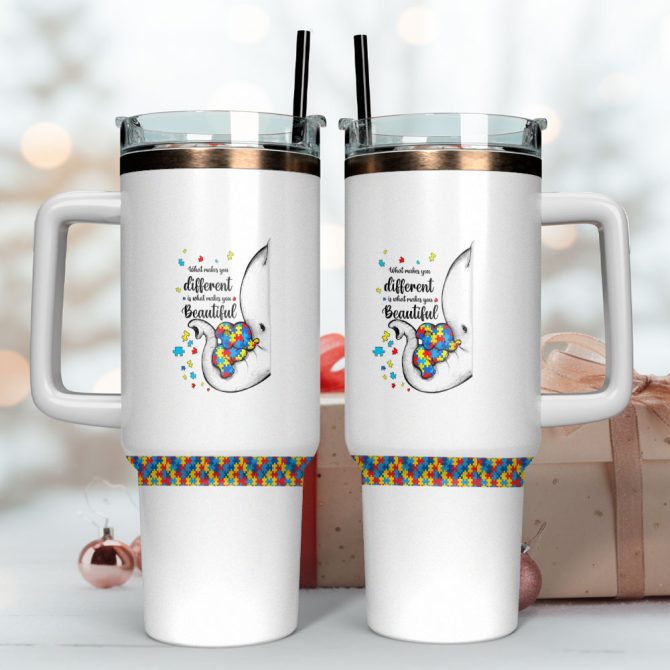 Autism Awareness Elephant Wreath Custom Stanley Quencher 40Oz Stainless Steel Tumbler With Handle - Image 4