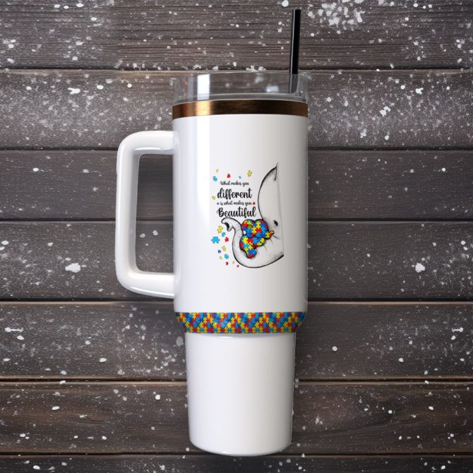 Autism Awareness Elephant Wreath Custom Stanley Quencher 40Oz Stainless Steel Tumbler With Handle - Image 2