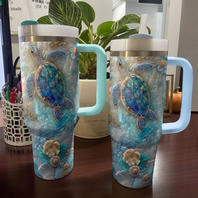 Azure Haven Sea Turtle Custom Stanley Quencher 40Oz Stainless Steel Tumbler With Handle - Image 4