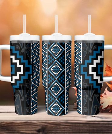 Azure Tukutuku Pattern Aotearoa Niho Taniwha And Puhoro Motifs Custom Stanley Quencher 40Oz Stainless Steel Tumbler With Handle