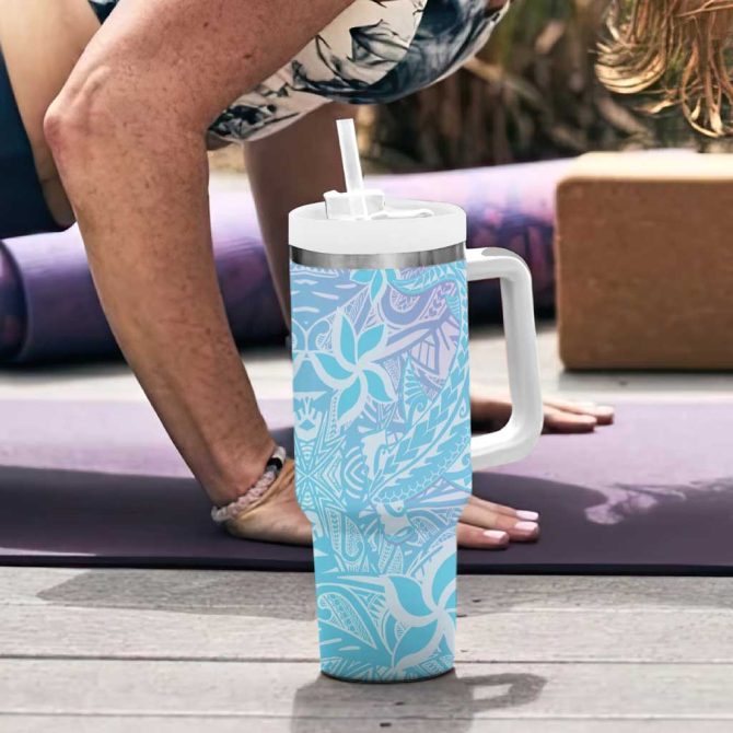 Baby Blue Gradient Polynesia Hawaiian Tribal Hammerhead Shark Tattoo Custom Stanley Quencher 40Oz Stainless Steel Tumbler With Handle - Image 6