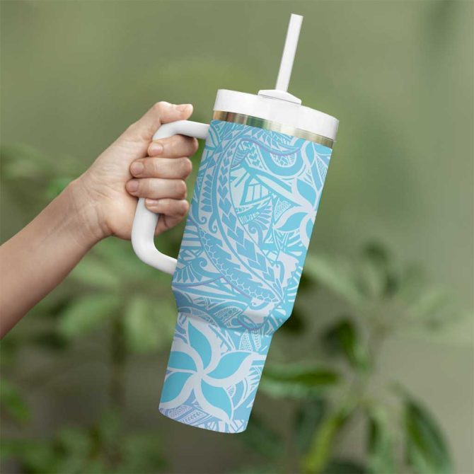 Baby Blue Gradient Polynesia Hawaiian Tribal Hammerhead Shark Tattoo Custom Stanley Quencher 40Oz Stainless Steel Tumbler With Handle - Image 3