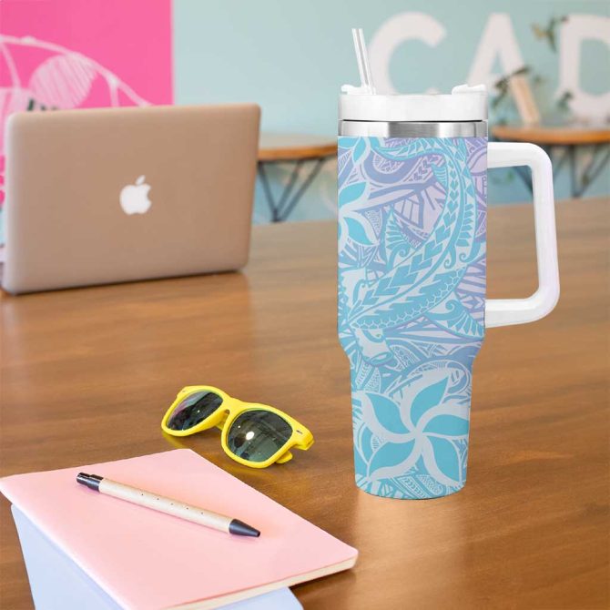 Baby Blue Gradient Polynesia Hawaiian Tribal Hammerhead Shark Tattoo Custom Stanley Quencher 40Oz Stainless Steel Tumbler With Handle - Image 5