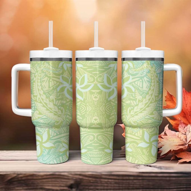 Baby Green Gradient Polynesia Hawaiian Tribal Hammerhead Shark Tattoo Custom Stanley Quencher 40Oz Stainless Steel Tumbler With Handle - Image 4