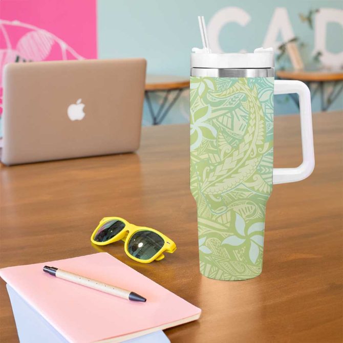 Baby Green Gradient Polynesia Hawaiian Tribal Hammerhead Shark Tattoo Custom Stanley Quencher 40Oz Stainless Steel Tumbler With Handle - Image 5