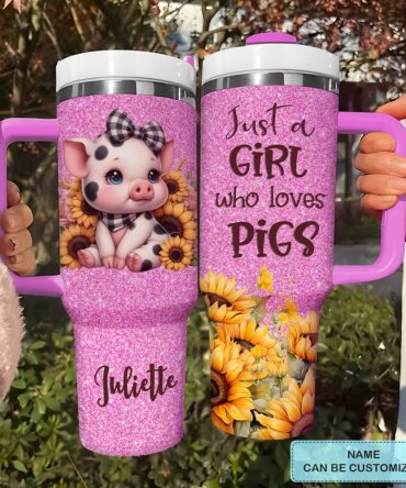 Baby Pig With Sunflower Custom Stanley Quencher 40Oz Stainless Steel Tumbler With Handle