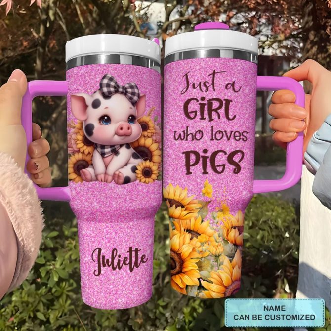 Baby Pig With Sunflower Custom Stanley Quencher 40Oz Stainless Steel Tumbler With Handle