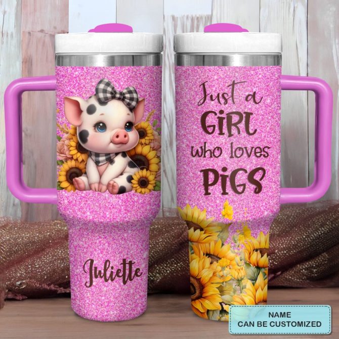 Baby Pig With Sunflower Custom Stanley Quencher 40Oz Stainless Steel Tumbler With Handle - Image 2