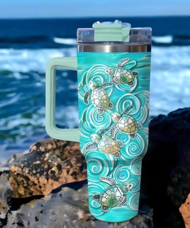 Baby Turtles Wave Custom Stanley Quencher 40Oz Stainless Steel Tumbler With Handle