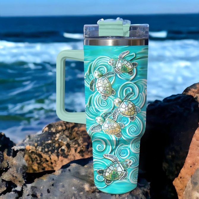 Baby Turtles Wave Custom Stanley Quencher 40Oz Stainless Steel Tumbler With Handle