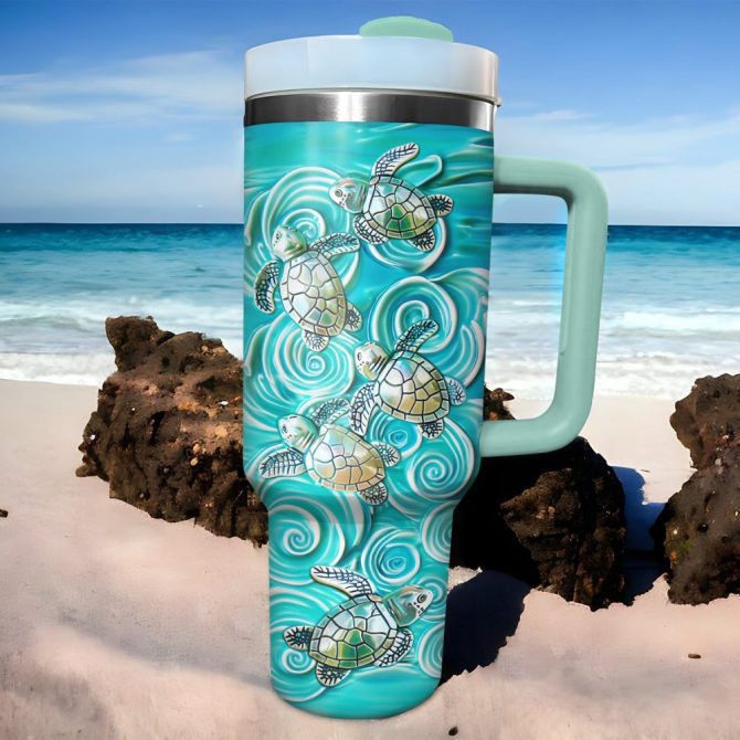 Baby Turtles Wave Custom Stanley Quencher 40Oz Stainless Steel Tumbler With Handle - Image 2