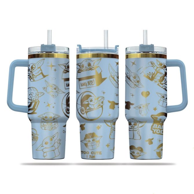 Baby Yoda Cartoon Custom Stanley Quencher 40Oz Stainless Steel Tumbler
