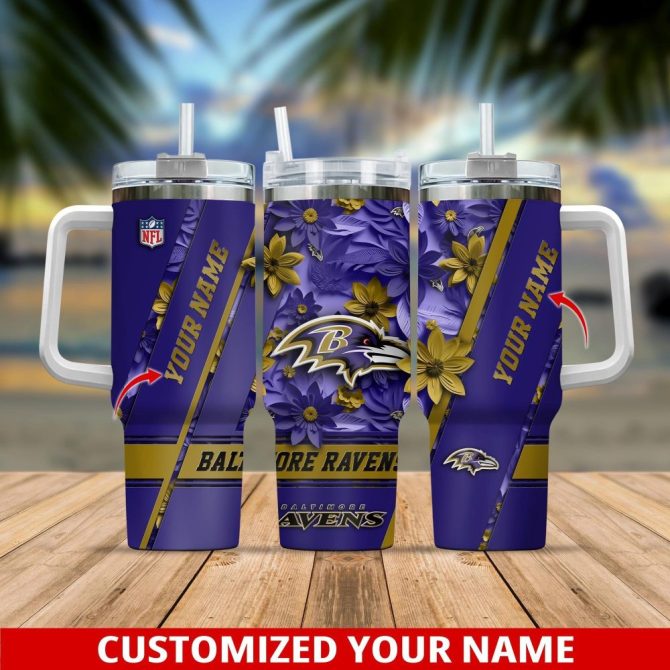 Baltimore Ravens Nfl Custom Stanley Quencher 40Oz Stainless Steel Tumbler With Handle