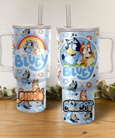 Bandit And Bingo Heeler Bluey Cartoon Custom Stanley Quencher 40Oz Stainless Steel Tumbler With Handle