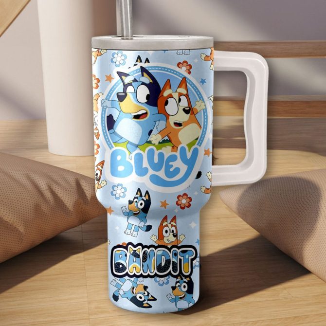 Bandit And Bingo Heeler Bluey Cartoon Custom Stanley Quencher 40Oz Stainless Steel Tumbler With Handle - Image 2