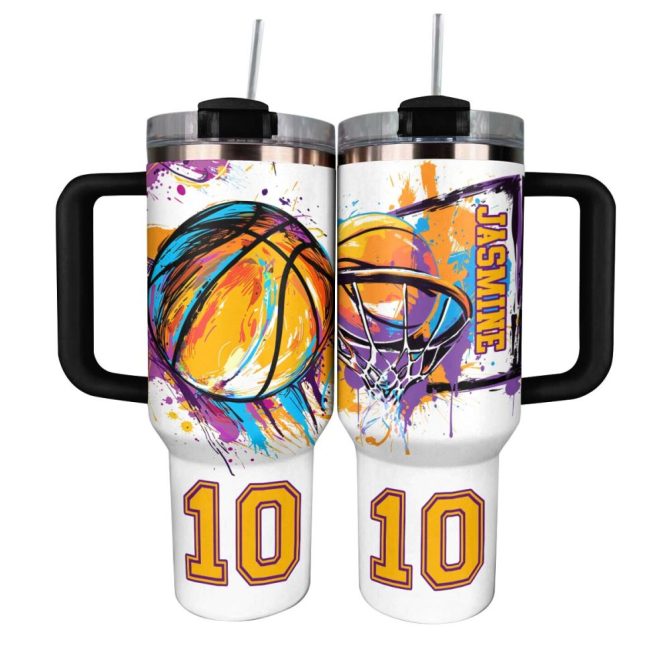 Basketball Custom Stanley Quencher 40Oz Stainless Steel Tumbler With Handle
