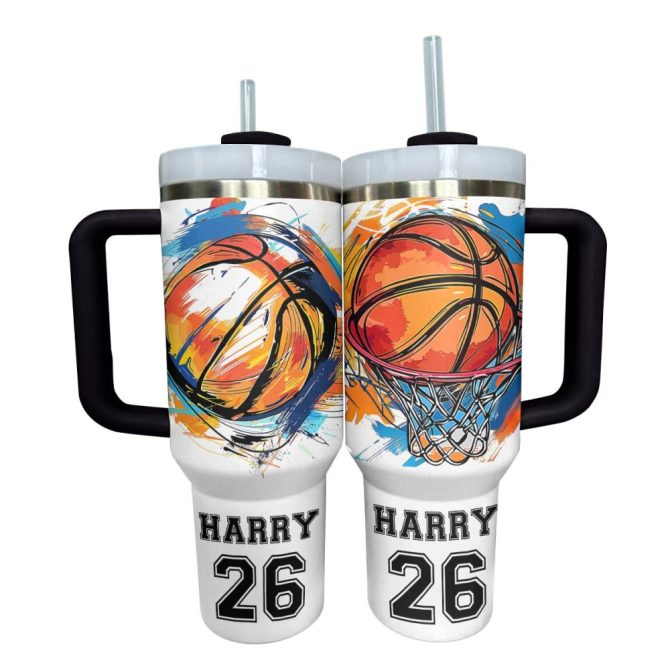 Basketball Custom Stanley Quencher 40Oz Stainless Steel Tumbler With Handle