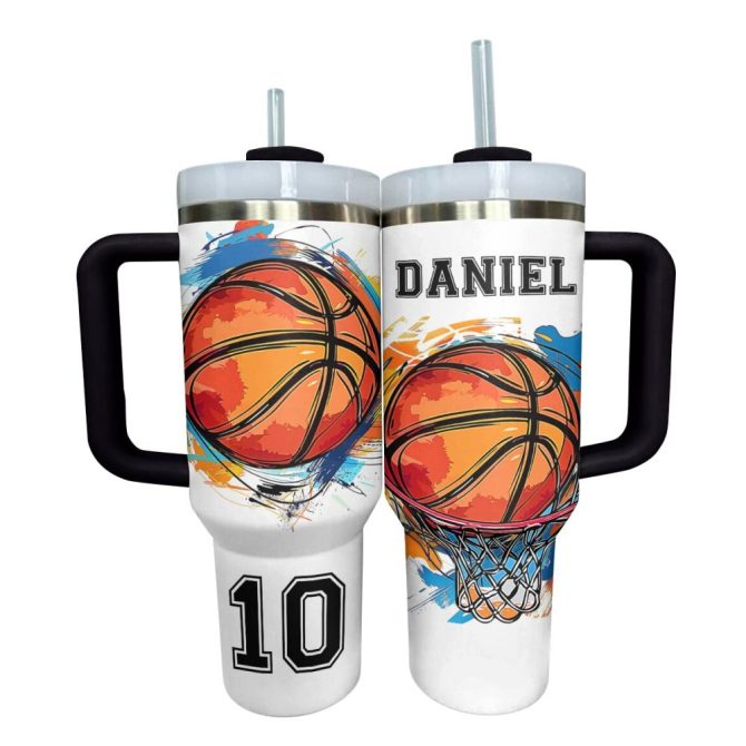 Basketball Custom Stanley Quencher 40Oz Stainless Steel Tumbler With Handle