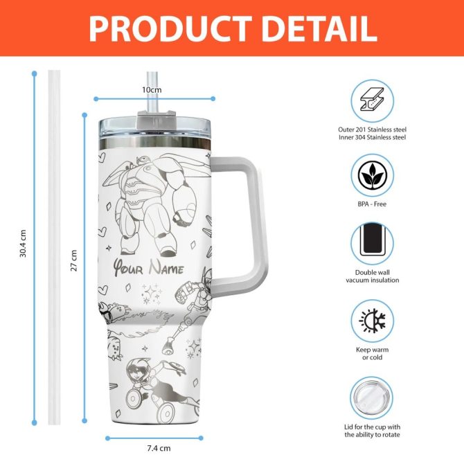 Baymax Big Hero Six Disney Cartoon Custom Stanley Quencher 40Oz Stainless Steel Tumbler With Handle - Image 2