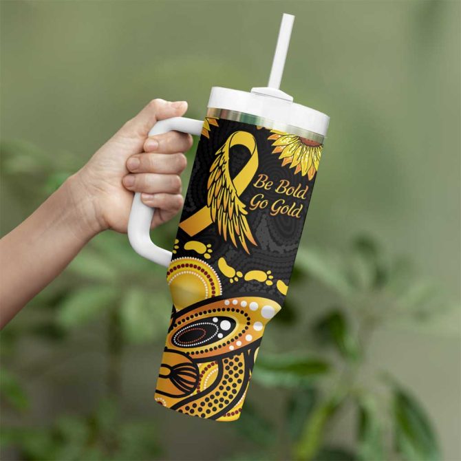 Be Bold Go Gold Aboriginal Ribbon Childhood Custom Stanley Quencher 40Oz Stainless Steel Tumbler With Handle - Image 4