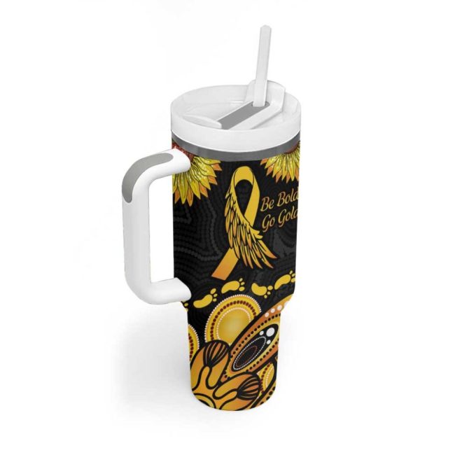 Be Bold Go Gold Aboriginal Ribbon Childhood Custom Stanley Quencher 40Oz Stainless Steel Tumbler With Handle - Image 3