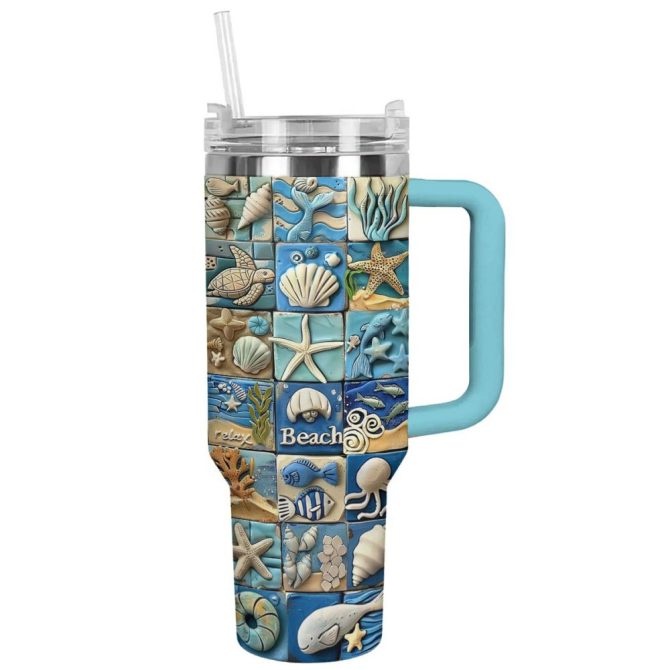 Beach Custom Stanley Quencher 40Oz Stainless Steel Tumbler With Handle