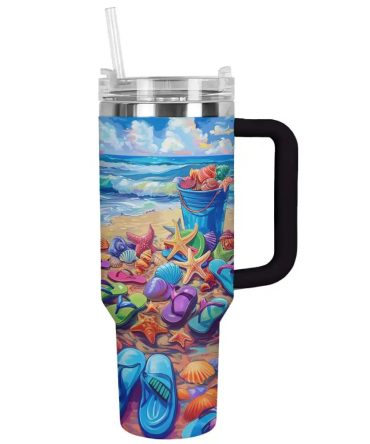 Beach Flipflops Custom Stanley Quencher 40Oz Stainless Steel Tumbler With Handle