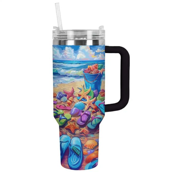 Beach Flipflops Custom Stanley Quencher 40Oz Stainless Steel Tumbler With Handle