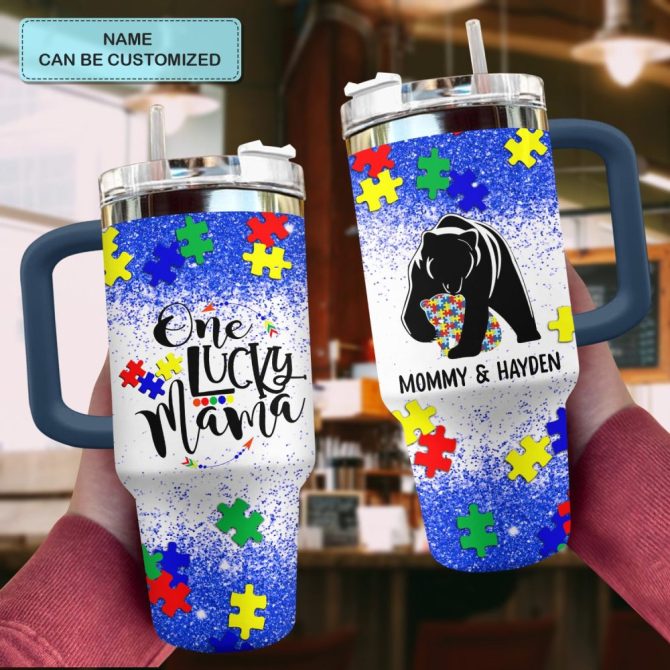Bear One Lucky Mama Custom Stanley Quencher 40Oz Stainless Steel Tumbler With Handle