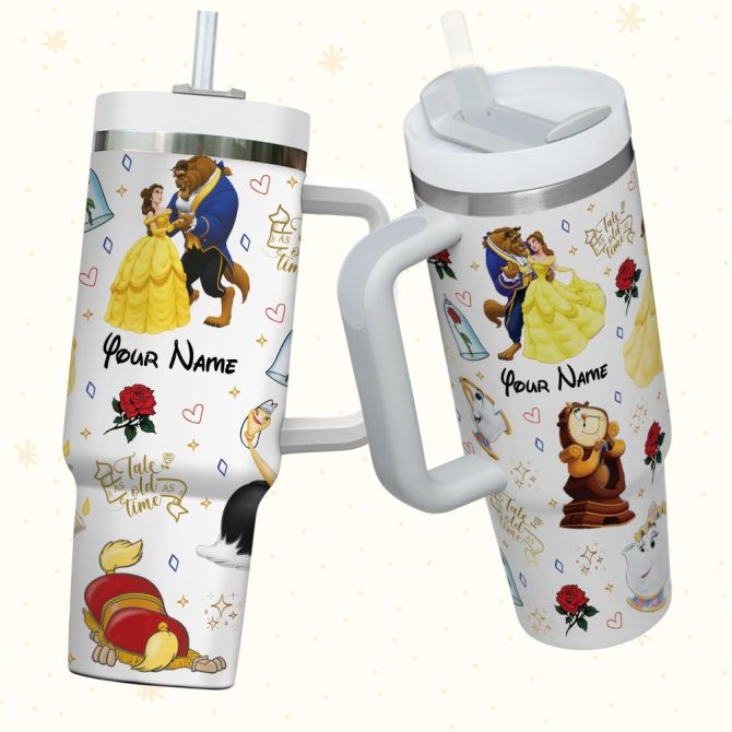 Beauty And The Beast Disney Cartoon Custom Stanley Quencher 40Oz Stainless Steel Tumbler With Handle - Image 3