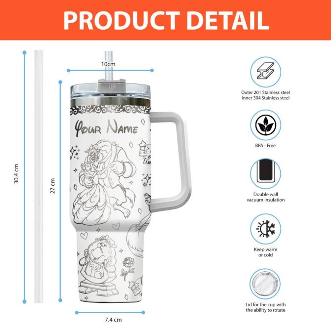 Beauty And The Beast Disney Cartoon Custom Stanley Quencher 40Oz Stainless Steel Tumbler With Handle - Image 2