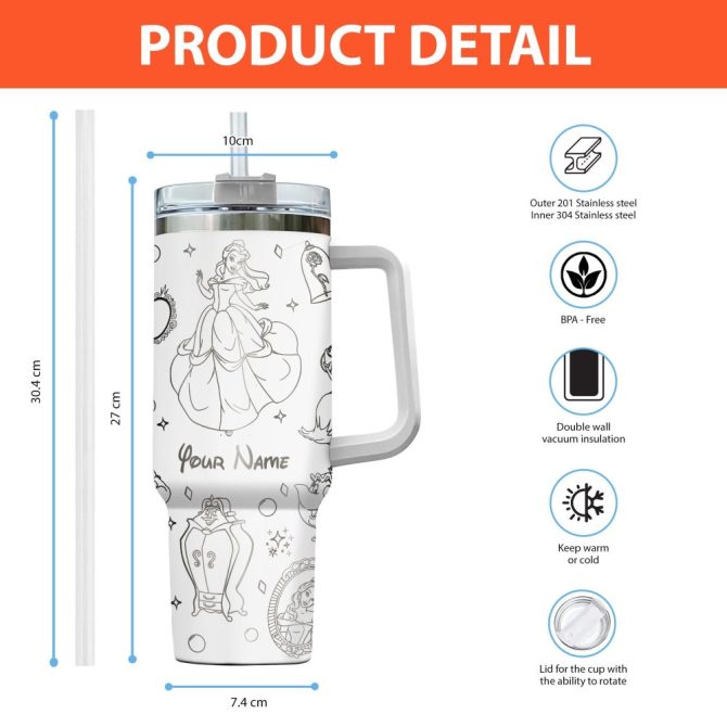 Beauty And The Beast Disney Cartoon Custom Stanley Quencher 40Oz Stainless Steel Tumbler With Handle - Image 2