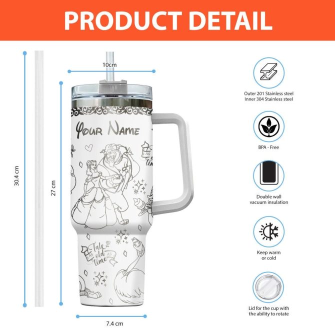 Beauty And The Beast Disney Cartoon Custom Stanley Quencher 40Oz Stainless Steel Tumbler With Handle - Image 2