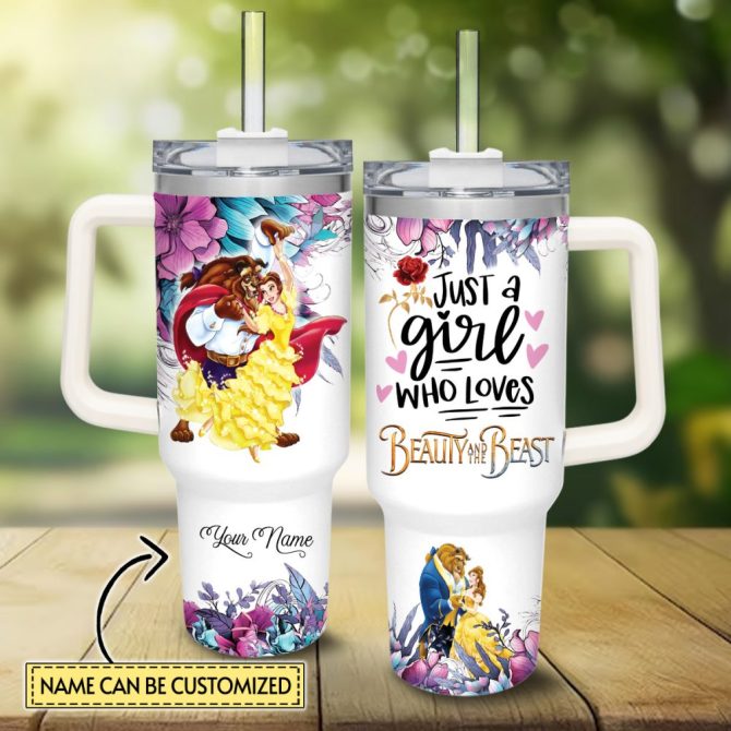 Beauty And The Beast Disney Princess Cartoon Custom Stanley Quencher 40Oz Stainless Steel Tumbler With Handle