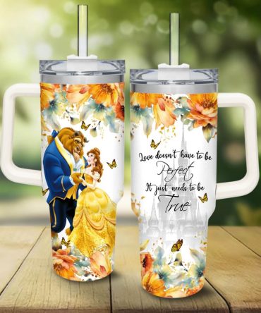 Beauty And The Beast Disney Princess Cartoon Custom Stanley Quencher 40Oz Stainless Steel Tumbler With Handle