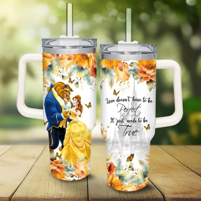 Beauty And The Beast Disney Princess Cartoon Custom Stanley Quencher 40Oz Stainless Steel Tumbler With Handle