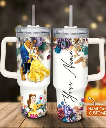 Beauty And The Beast Disney Princess Cartoon Custom Stanley Quencher 40Oz Stainless Steel Tumbler With Handle
