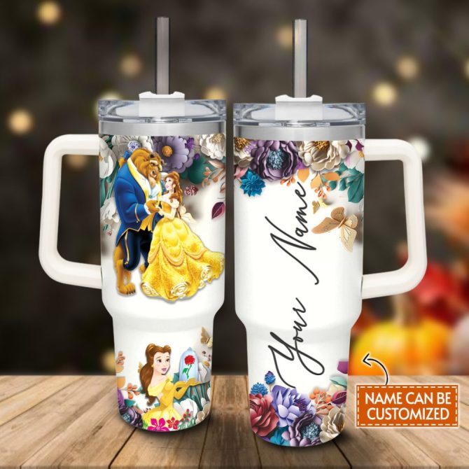 Beauty And The Beast Disney Princess Cartoon Custom Stanley Quencher 40Oz Stainless Steel Tumbler With Handle