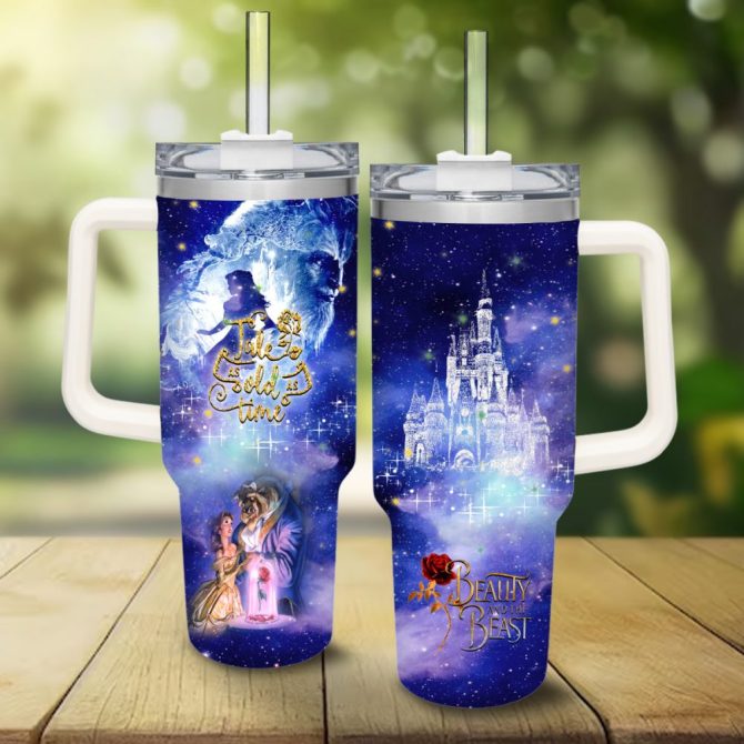 Beauty And The Beast Disney Princess Cartoon Custom Stanley Quencher 40Oz Stainless Steel Tumbler With Handle