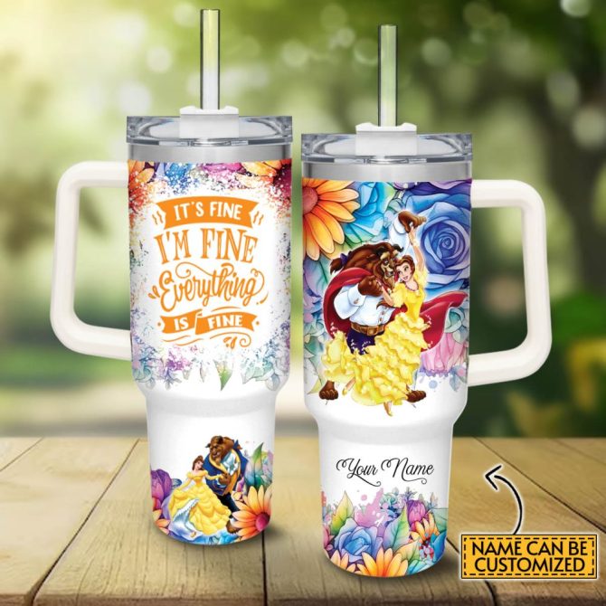 Beauty And The Beast Disney Princess Cartoon Custom Stanley Quencher 40Oz Stainless Steel Tumbler With Handle
