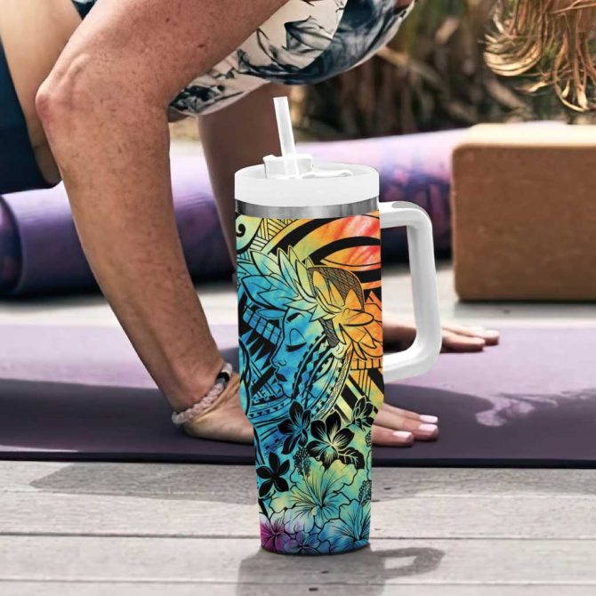 Beauty And The Warrior Polynesian Valentine Hibiscus Flowers Rainbow Custom Stanley Quencher 40Oz Stainless Steel Tumbler With Handle - Image 6