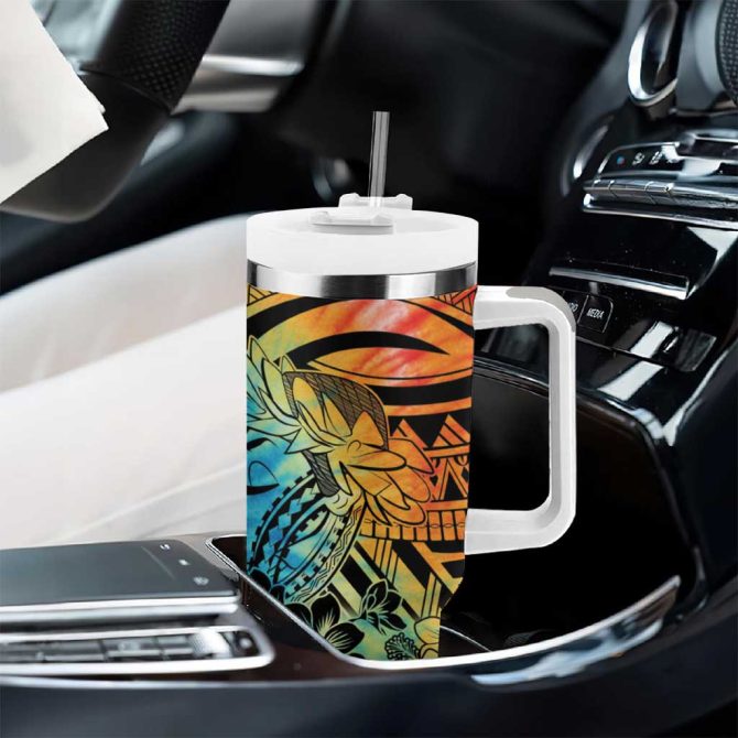 Beauty And The Warrior Polynesian Valentine Hibiscus Flowers Rainbow Custom Stanley Quencher 40Oz Stainless Steel Tumbler With Handle - Image 8