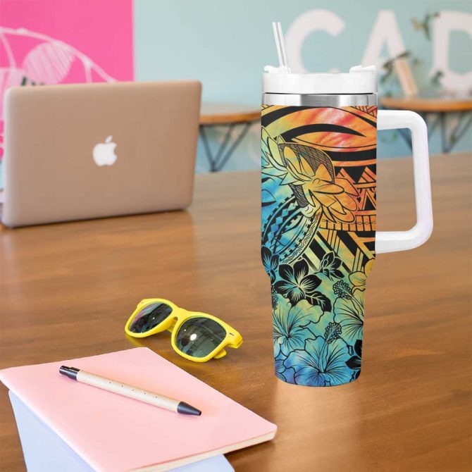 Beauty And The Warrior Polynesian Valentine Hibiscus Flowers Rainbow Custom Stanley Quencher 40Oz Stainless Steel Tumbler With Handle - Image 5