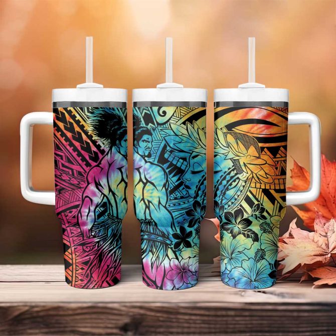 Beauty And The Warrior Polynesian Valentine Hibiscus Flowers Rainbow Custom Stanley Quencher 40Oz Stainless Steel Tumbler With Handle - Image 4