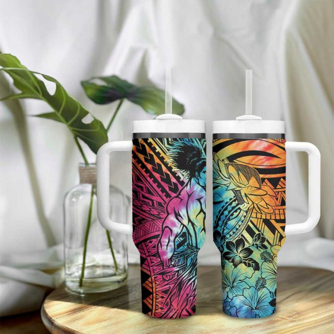 Beauty And The Warrior Polynesian Valentine Hibiscus Flowers Rainbow Custom Stanley Quencher 40Oz Stainless Steel Tumbler With Handle - Image 9