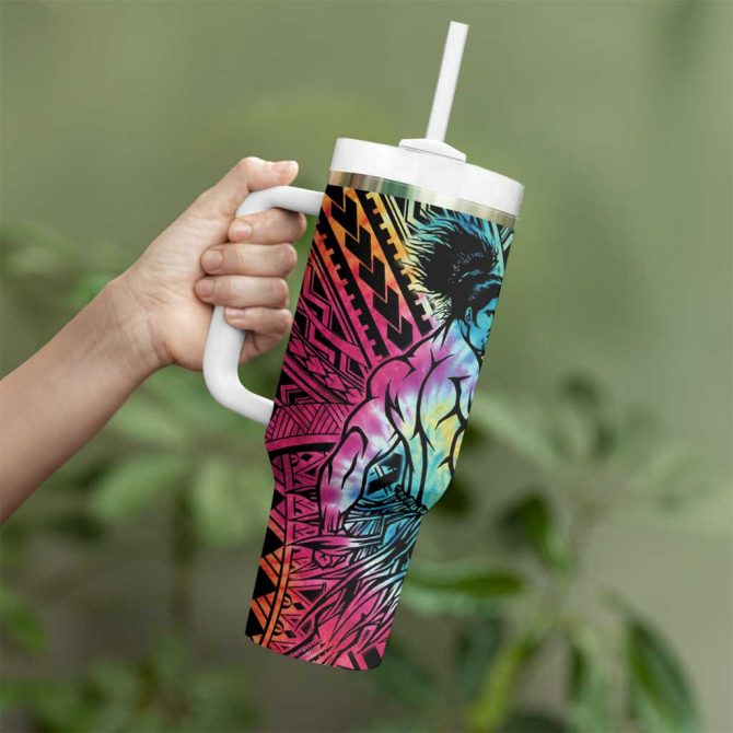 Beauty And The Warrior Polynesian Valentine Hibiscus Flowers Rainbow Custom Stanley Quencher 40Oz Stainless Steel Tumbler With Handle - Image 3