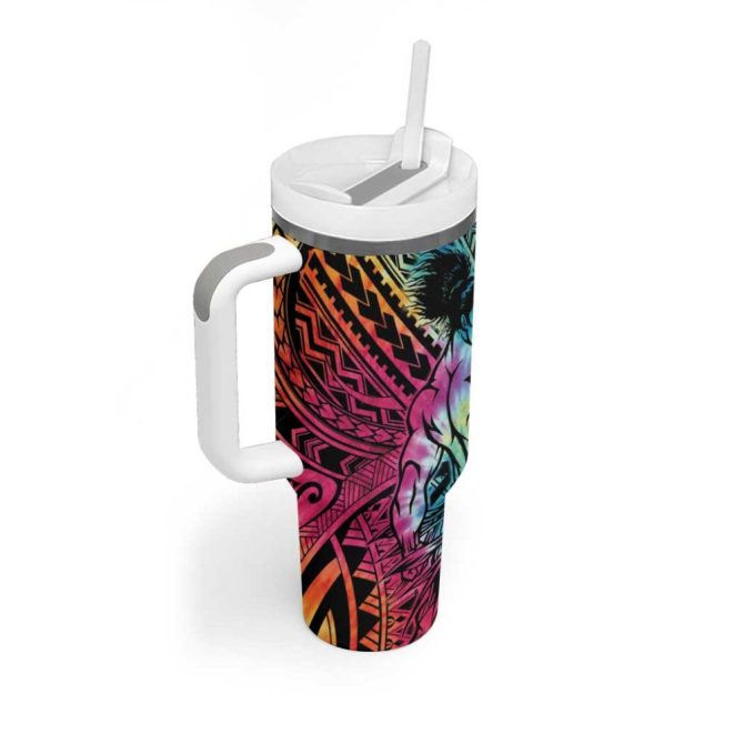 Beauty And The Warrior Polynesian Valentine Hibiscus Flowers Rainbow Custom Stanley Quencher 40Oz Stainless Steel Tumbler With Handle - Image 2