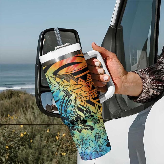Beauty And The Warrior Polynesian Valentine Hibiscus Flowers Rainbow Custom Stanley Quencher 40Oz Stainless Steel Tumbler With Handle - Image 7