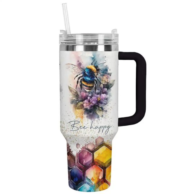 Bee Custom Stanley Quencher 40Oz Stainless Steel Tumbler With Handle